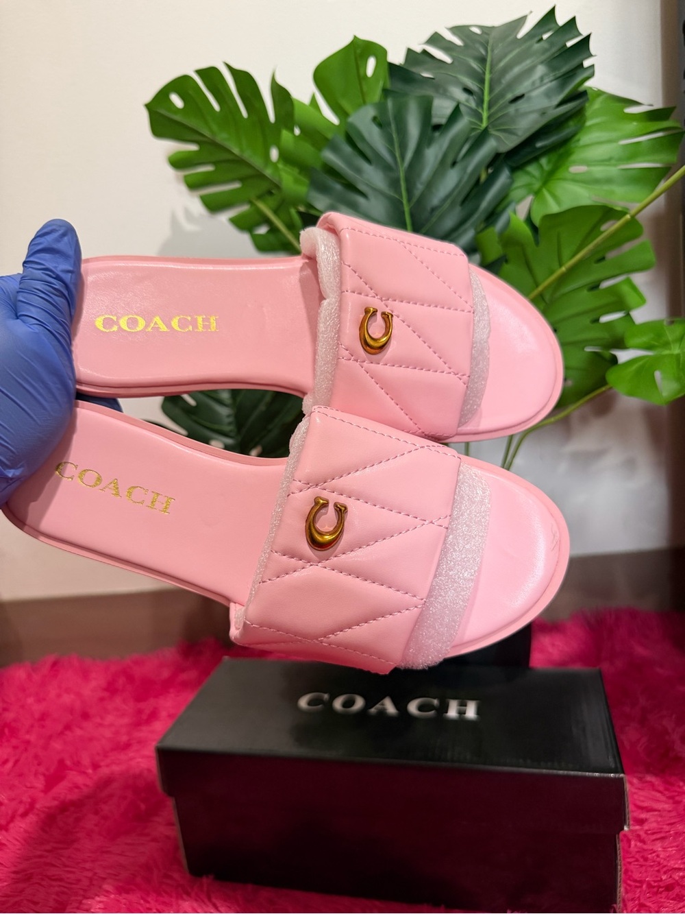Coach Pink Quilted Slide Mules with Gold Accent